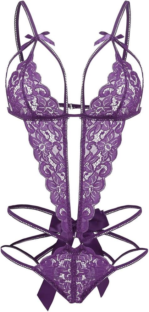 Donnalla Women S Deep V Lace Teddy One Piece Lingerie Cutout Strappy Lingerie Purple X Large