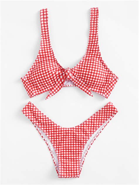 Shop Knot Front Gingham Bikini Set Online Shein Offers Knot Front