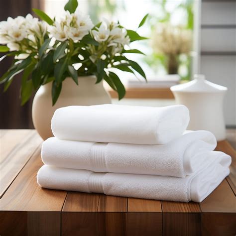 Premium Ai Image White Clean Towels On Wooden Table In Bathroom