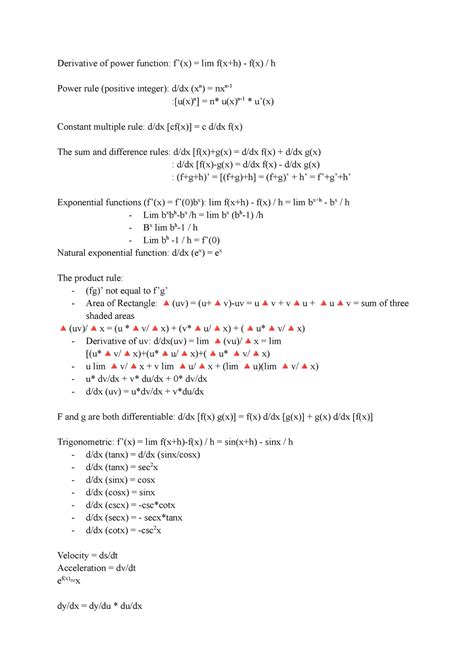 1013 Formula Sheet Derivative Of Power Function F’ X Lim F X H F X H Power Rule