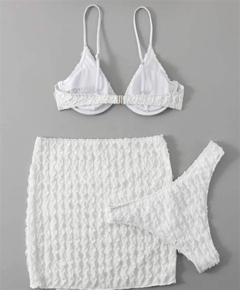 White Textured Bikini Set Underwire Bra Top Bikini Bottom Skirt Piece Swimsuit Women S