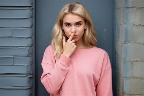 Hipster Teen Gen Z Fille Blonde Montrant Chut Signe Geste Du Doigt Demandant De Garder Le Secret