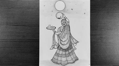 How To Draw Lady With Karva Chauth Thali Happy Karwa Chauth Easy