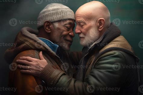 Two Happy Older Men Hugging Each Other One Black The Other Caucasian Gay Lgbt