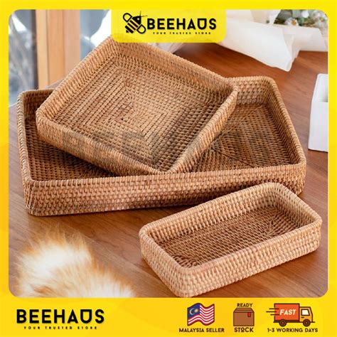 Beehaus Rectangular Hand Woven Rattan Basket Tray Rattan Storage Box