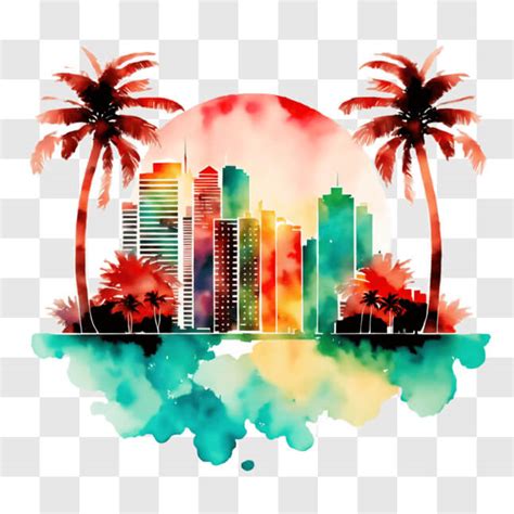 Descarga Pintura Acuarela De Miami Con Palmeras Y Rascacielos Png En