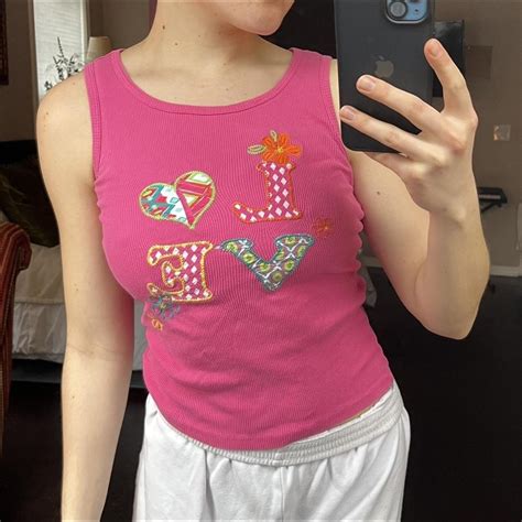 Embroidered Ribbed Tank Top Hot Pink With Neon Depop