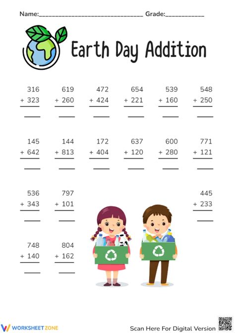 Earth Day Addition Practice With Three Digit Numbers Worksheets