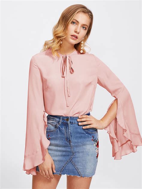 Shein Tie Neck Frilled Fluted Sleeve Blouse Blouse Fashion Clothes