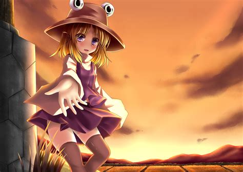 Blonde Hair Clouds Hat Kaguyuu Moriya Suwako Purple Eyes Skirt Sky Sunset Thighhighs Touhou