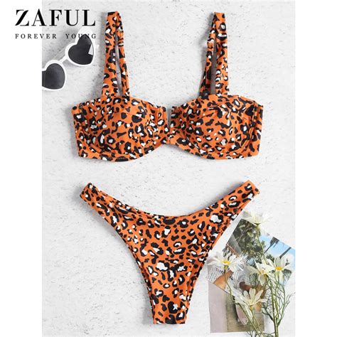 Zaful Newest Leopard Low Waisted Bikini Set Push Up Underwire Women