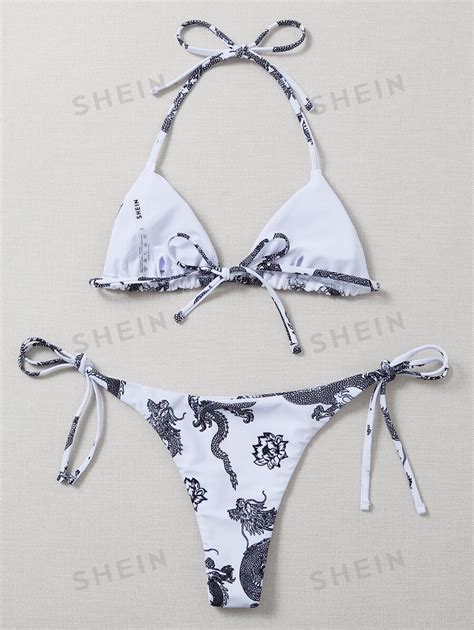 SHEIN Swim Y2GLAM Chinese Dragon Bikini Set Triangle Bra Thong Bottom 2 Piece Bathing Suit