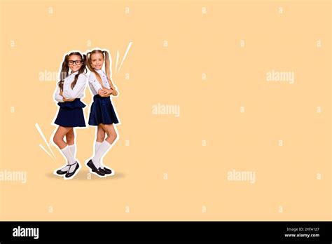 Composite Photo Collage Of Happy Blonde Brunette Schoolgirls Education Concept Wear Uniform