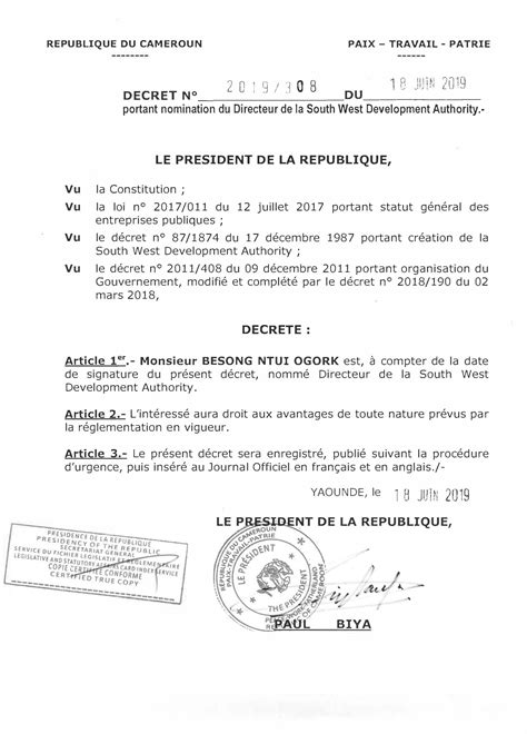 Décret N°2019308 Du 18 Juin 2019 Portant Nomination Du Directeur De La