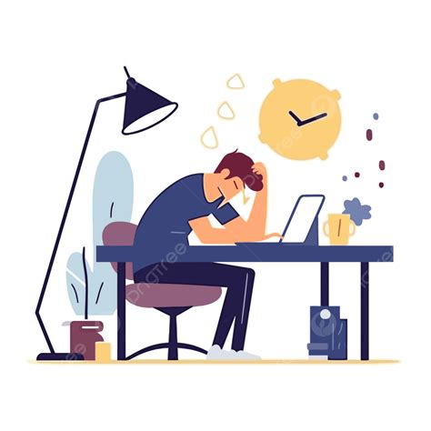 Overtime Clipart Man Sitting At Desk In Front Of Clock Cartoon Vector