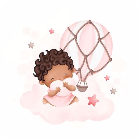 Premium Vector Watercolor Illustration Baby Girl Sits On Cloud With Pink Hot Air Balloon And Stars