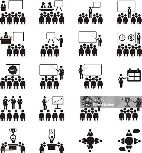 black  white icons depicting conference meetings high res vector