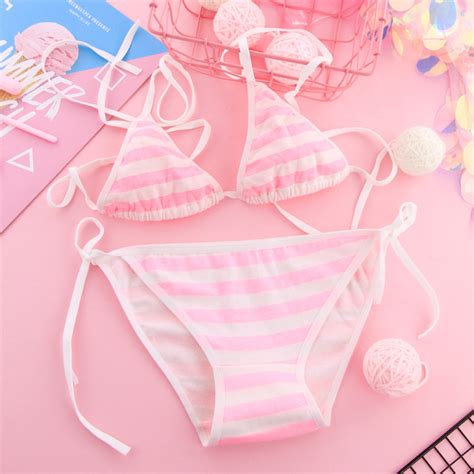 Japan Sexy Lingerie Lolita Kawaii Blue Pink White Striped Mini Bikini Adult Cosplay Erotic