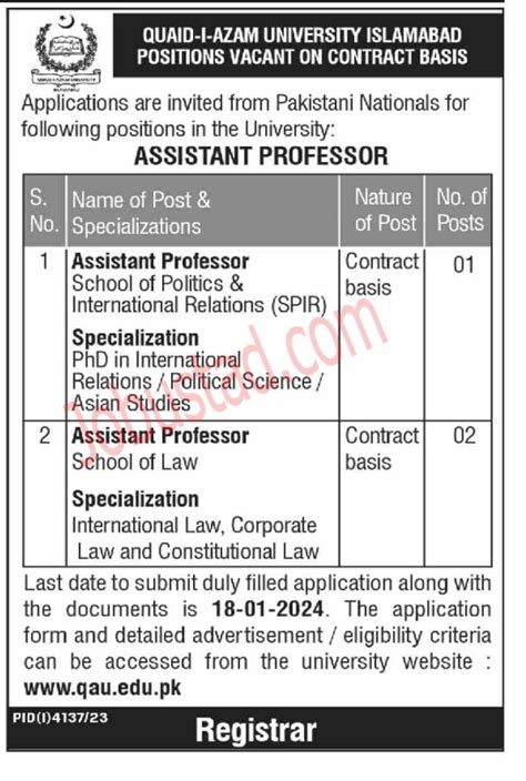 Quaid E Azam University Jobs In Islamabad January 2024 Advertisement