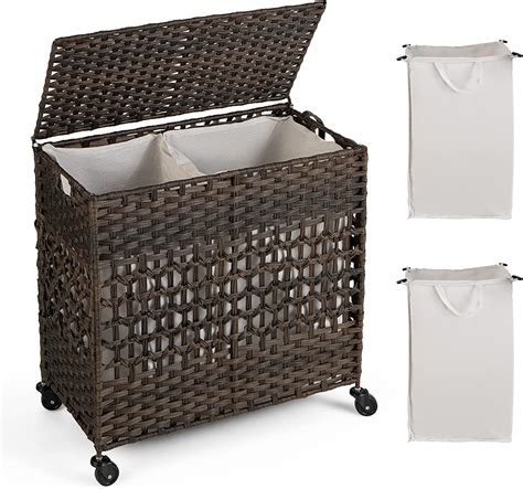 Laundry Hamper With Lid And Wheels 110l Folding Synthetic Rattan