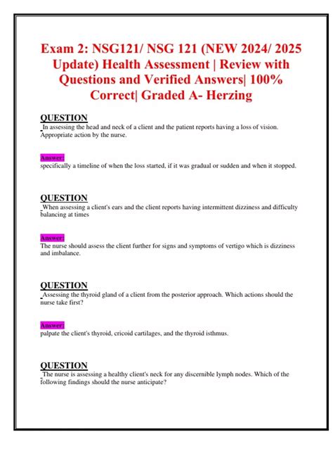 Exam 2 Nsg121 Nsg 121 New 2024 2025 Update Health Assessment