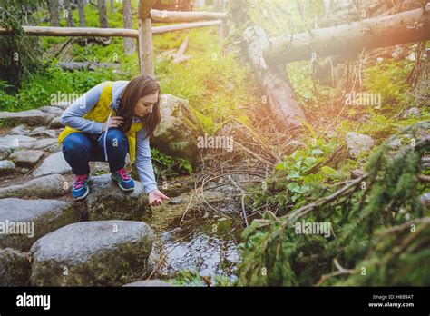 Brunette Woman Hiker Hiking On Trail In Summer Time Tatra Mountain In Poland Stock Photo Alamy
