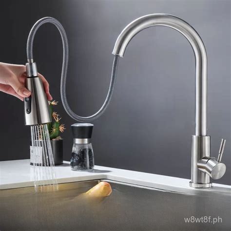 Stainless Steel Hot And Cold Pull Out Kitchen Faucet Universal Rotating Retractable Washing