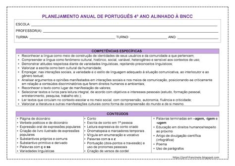 Blog da Profa Francinete Planejamento Anual de Português 4º ano