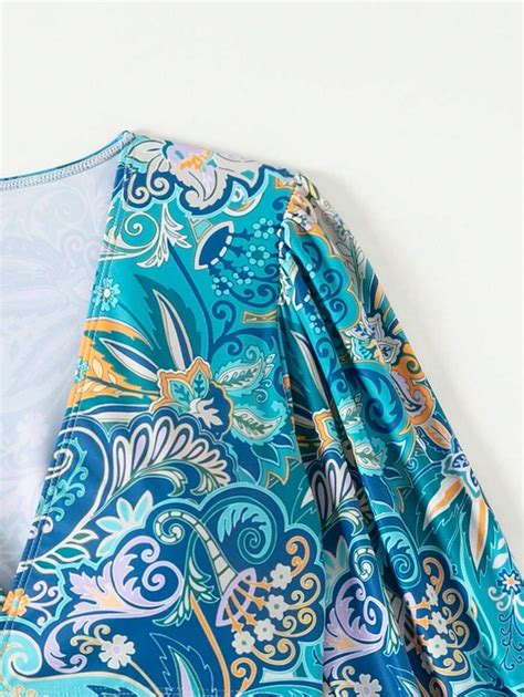 Shein Swim Women S Tropical Plant Print Wrap Front Long Sleeve Top And Triangle Bottom Bikini