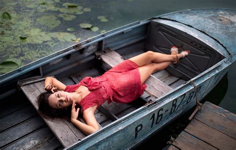 Wallpaper Girl Nature Water Lake Model Brunette Boat Red Dress For Mobile And Desktop