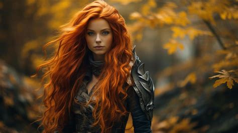 mysterious woman  fiery red hair  autumn forest  stock