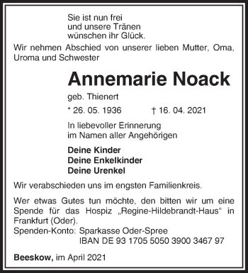 Traueranzeigen Von Annemarie Noack M Rkische Onlinezeitung Trauerportal