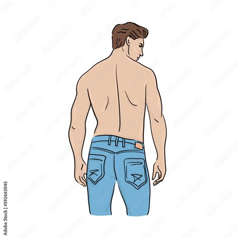 Athletic Handsome Guy With Muscular Naked Torso In Jeans Stands With His Back Stock Vector