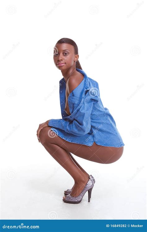 Ethnic Nude Black Woman In Denim Jacket Stock Photo Image Of Crouching Afro 16849282