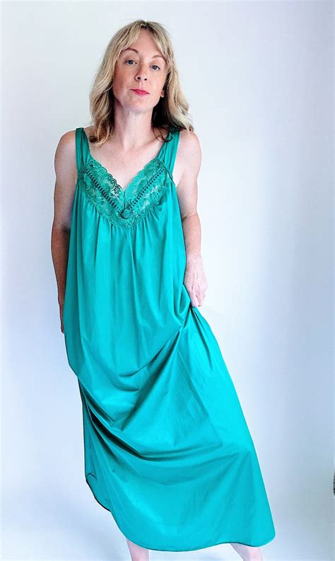 Vintage Nightie Silky Slip Lingerie Emerald Green Long Slip Pajamas Deadstock Vintage