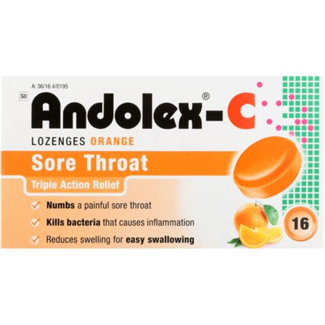 Andolex C Orange Flavoured Sore Throat Lozenges 16 Pack Sore Throat