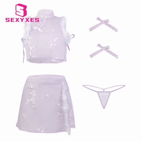Purple Cheongsam Luxury Sexy Lingerie Plush Split See Through Sleeveless Chiffon Cheongsam