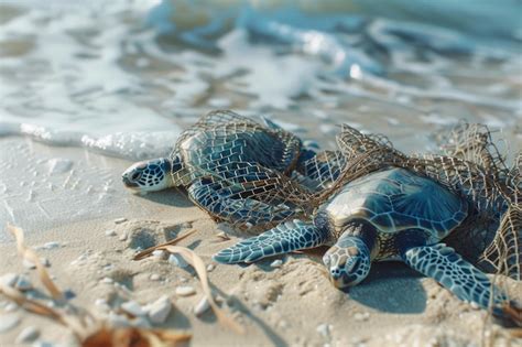 Sea Turtle Trapped In Fishing Net Premium AI Generated Image