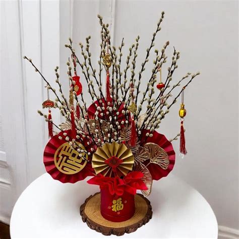 Pussy Willow With CNY Deco In A Red Box Blooming