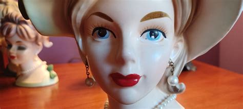 Vintage Lady Head Vase K Relpo Open Blue Eyes Green Outfit Large