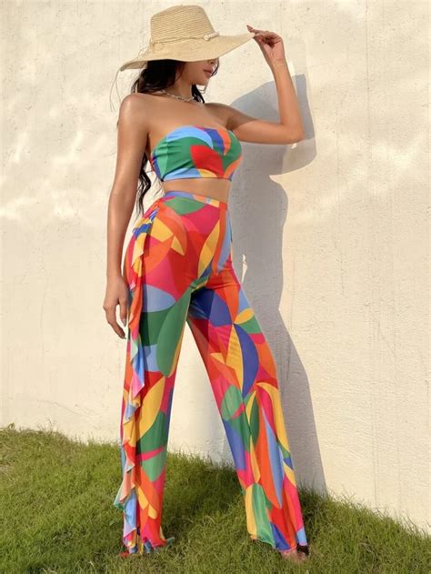 Colorful Print Bikini Set Bandeau Bra Bikini Bottom Ruffle Trim Beach Pants 3 Piece Bathing