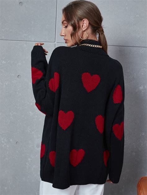 SHEIN Essnce Heart Pattern Mock Neck Drop Shoulder Sweater SHEIN USA