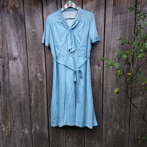 1970s Blue Dress Pussy Bow For Women Clothing Size L Gem