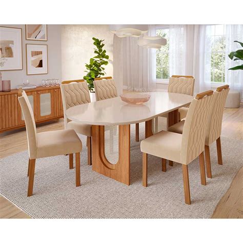 Conjunto De Jantar Mesa Valentina 2 10 OVAL 6 Cadeiras Paola Wood Cinamomo Off Mad Nude