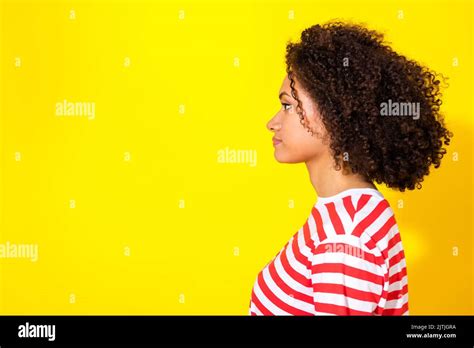 Profile Photo Of Brunette Millennial Lady Look Promo Wear Red T Shirt Isolated On Vibrant Yellow