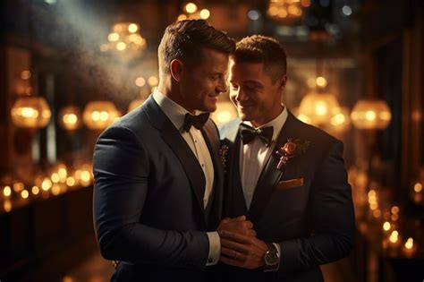 Pareja gay abrazándose para el matrimonio dos chicos tienen un amor lgbtq casado novio pareja