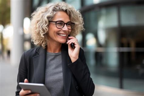 Premium Photo Happy Mature Business Woman Talking On Smart Phone Holding Laptop