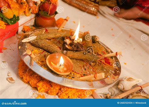 Indian Vedic Fire Ceremony Called Pooja Stock Photo Image Of Table