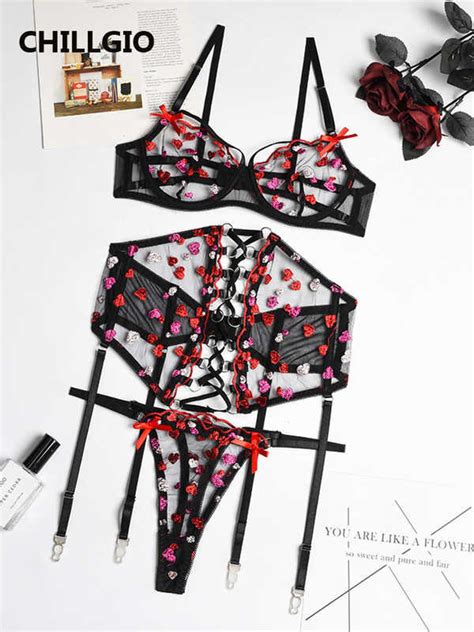 Chillgio Kababaihan Embroidered Heart Mesh Bra Brief Suits Erotic Sheer Lingerie Outfits Slim