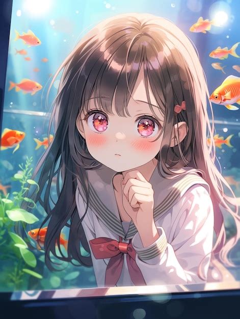 Anime girl with long hair and pink eyes looking at fish generative ai | Premium AI-generated image